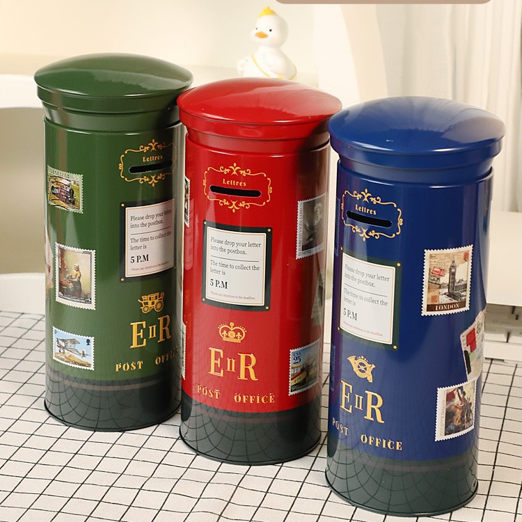 新款复古金属铁艺红色英伦邮筒储蓄罐儿童存钱罐投币创意礼物摆件