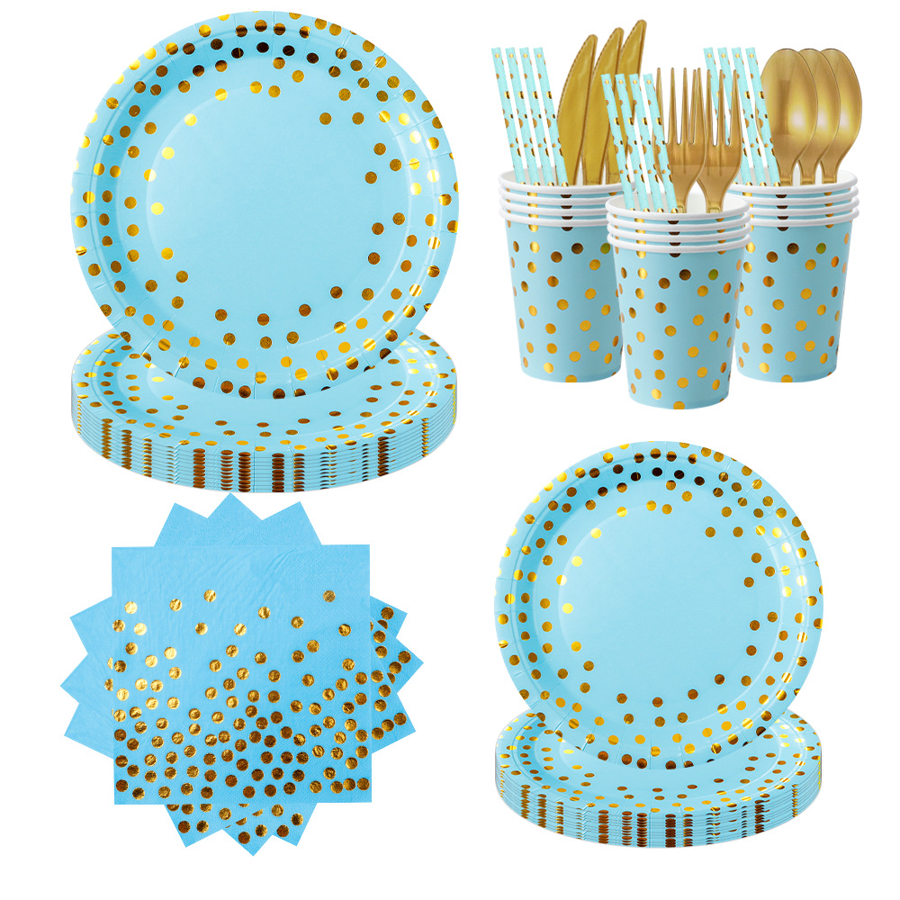 跨境热销蓝色烫金圆点纸碟盘纸杯纸巾派对用品一次性餐具套装批发环保一次性餐具