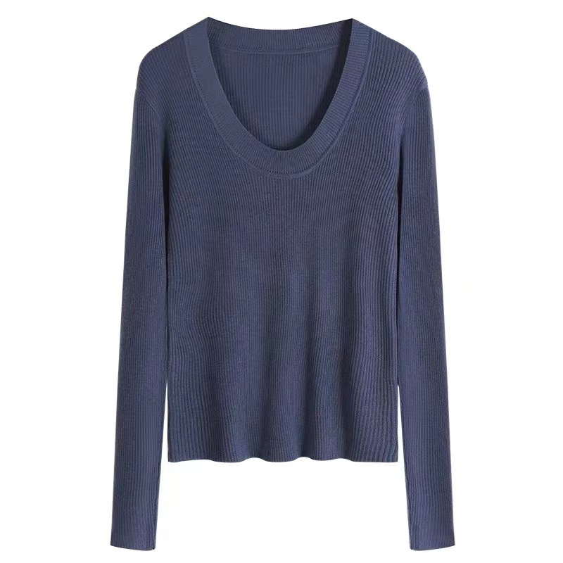 U-neck knitted sweater for women, Dongdaemun, South Korea, collarbone exposed, solid color Andy fleece base layer, Andy fleece long-sleeved shirt Item Picture