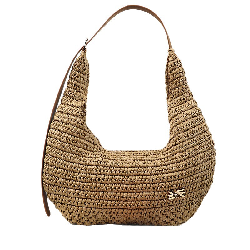 Cross-Border Straw Weaving Bag, Women's Summer New Casual Large-Capacity Hand-Woven Bag, Commuting Single-Shoulder Crossbody Dumpling Bag, Hand-Woven Straw Weaving Bag Item Picture