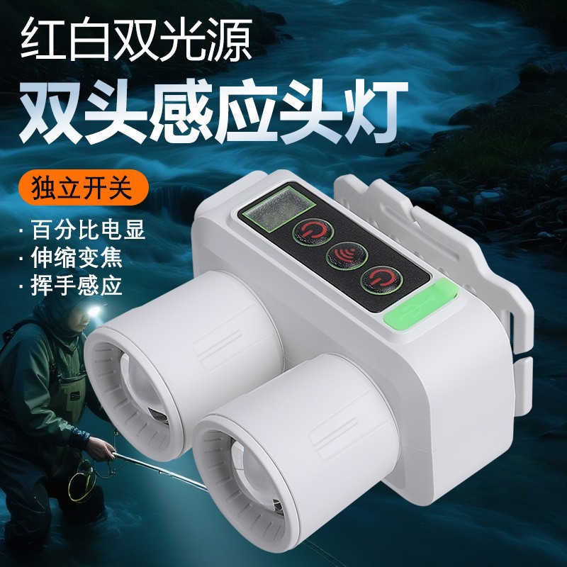 New cross-border dual-light source headlamp with red and white LED telescopic zoom digital display sensor fishing headlamp charging Item Picture