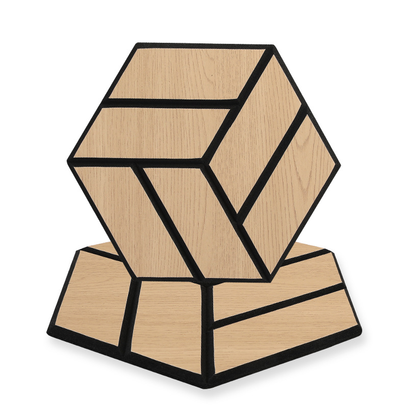 跨境聚酯纤维吸音板木纹开槽六边形会议室琴房墙面装饰自粘墙贴白底实物图