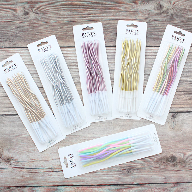 Wholesale birthday cake curved multi-color candles, gold, silver, 12-piece cassette spiral colored candles