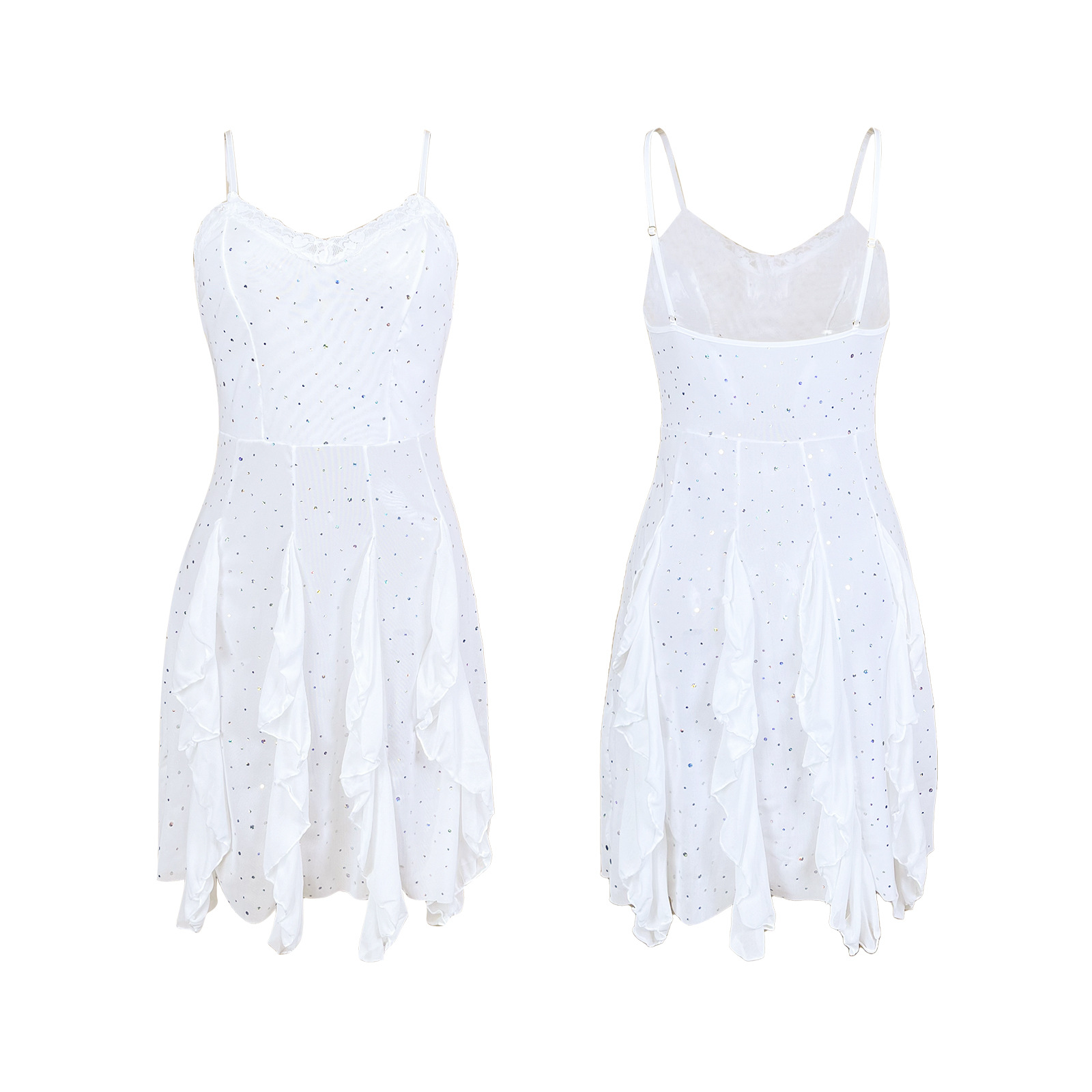 Hot diamond mesh fabric halter nightgown, lace V-neck, see-through irregular ruffled skirt, romantic underwear, home wear 1209 Item Picture