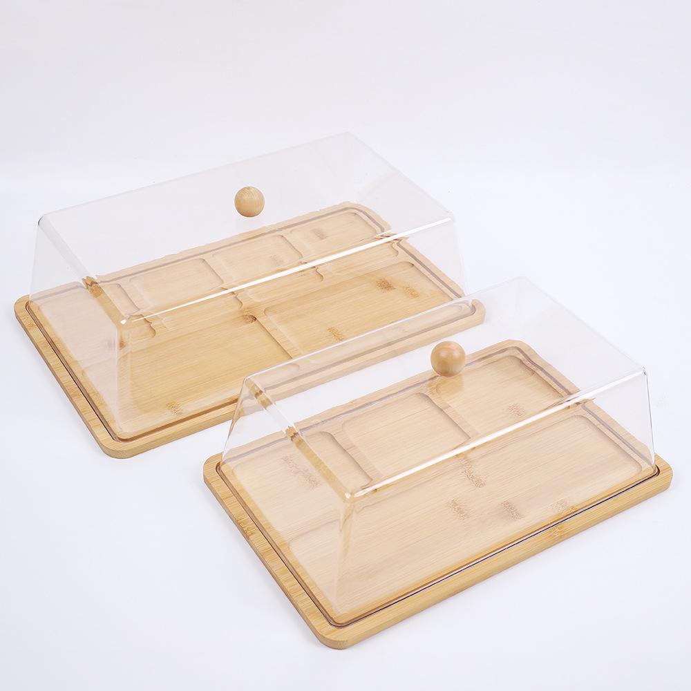 Square bamboo and wood plate with cover, transparent and dust-proof, cake and dessert display plate, restaurant and hotel snack, dim sum and dried fruit plate details Picture