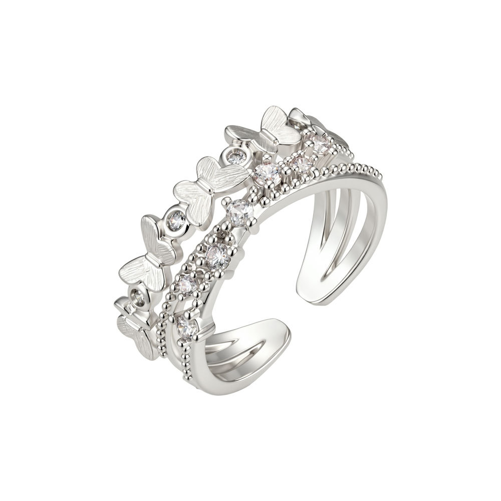 Nicho de lujo ligero mariposa de doble fila anillo de apertura de circonio aleación de cobre cepillado tridimensional premium sentido ajustable anillo de dedo índice Item Picture
