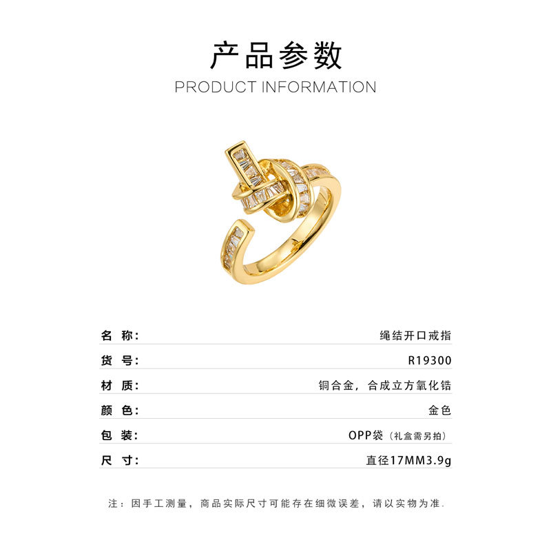 Origen fábrica de lujo ligero sensación avanzada cuerda nudo anillo de apertura aleación de cobre oro verdadero chapado con zirconia anillo de dedo índice ajustable Specification image