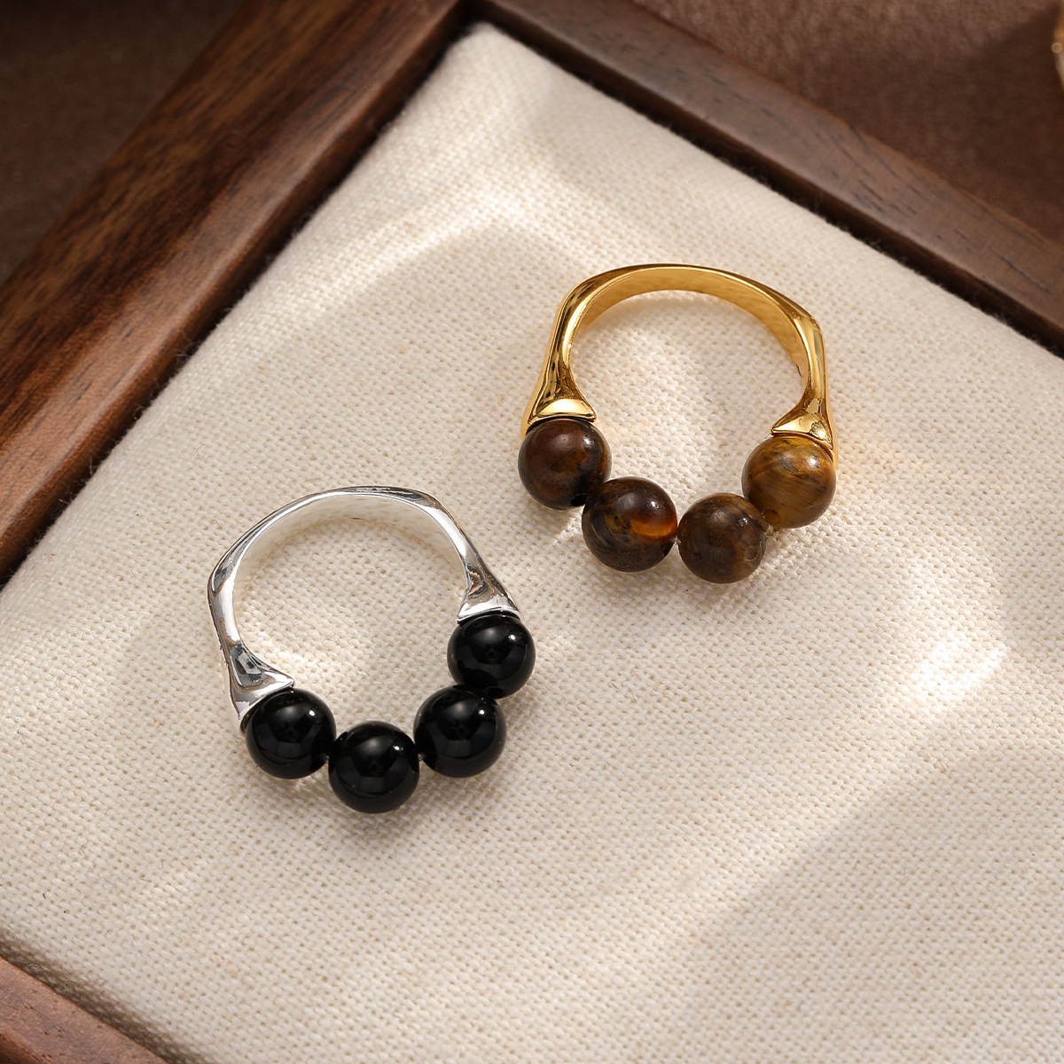 NALA娜啦虎眼石串珠弹力绳戒指小众高级感黑曜石手工戒指女不掉色