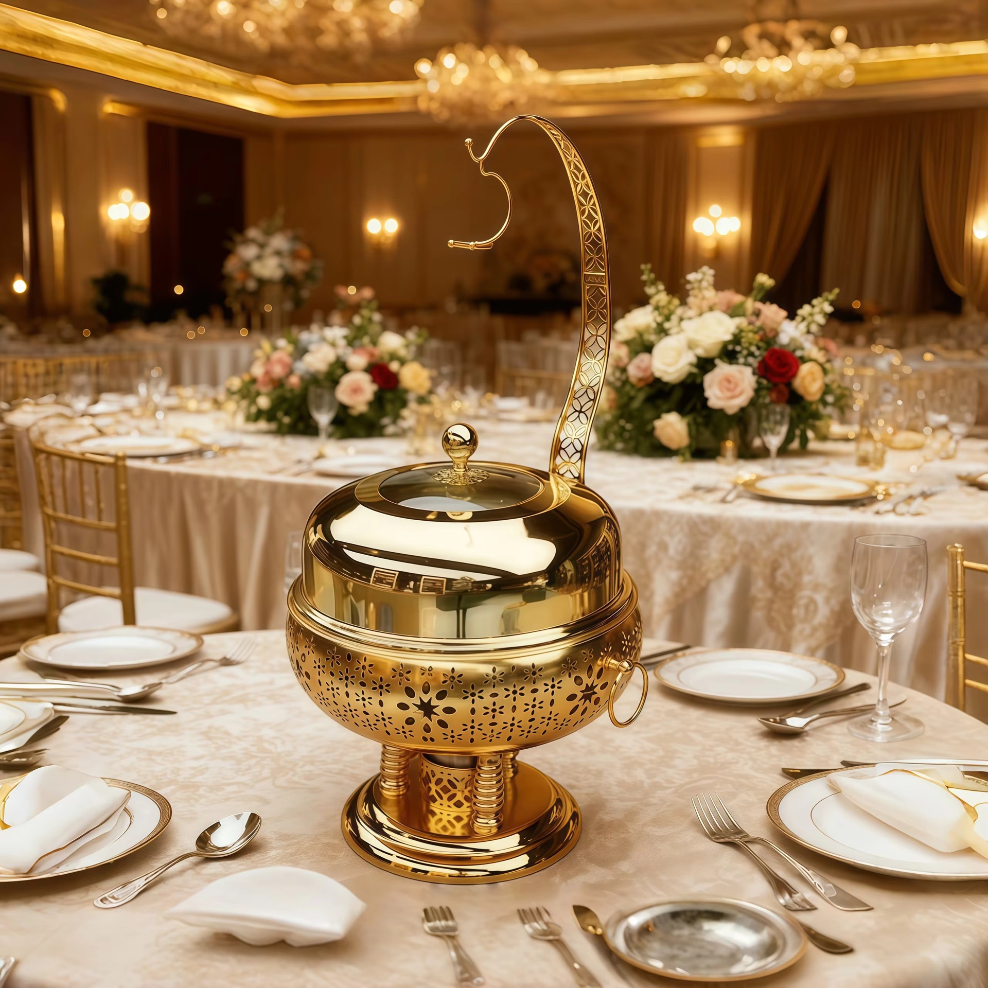 Cross-border supply stainless steel golden round buffet stove, insulated stove, restaurant food heater, alcohol stove full figure
