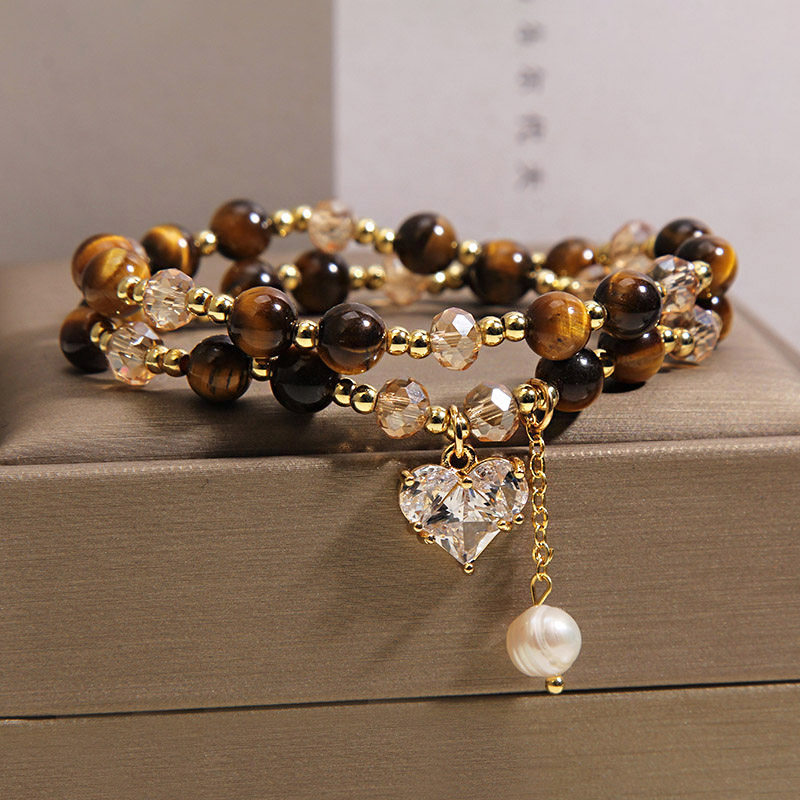Natural tiger's eye multi-layer bracelet, light luxury, niche and high-end feel, heart-shaped pendant, exquisite bracelet, wealth attraction jewelry Specification image