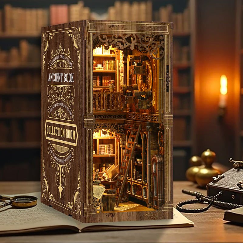 Ancient book storage room, wooden bookstand, 3D assembly diy model small room, book ornaments, handcrafted little house details Picture