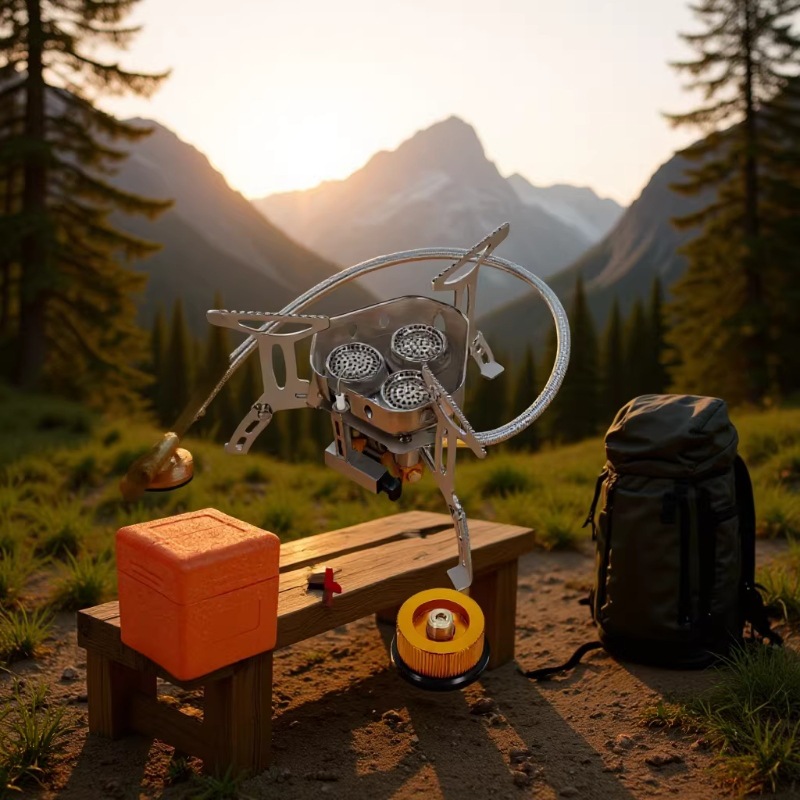 Outdoor high-intensity three-burner gas stove, three-star stove, portable camping and picnic cookware, mini gas cylinder, gas stove