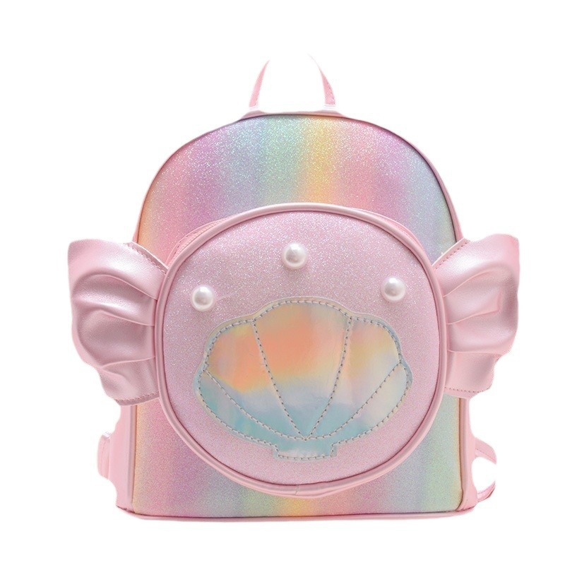 Rainbow gradient sequin backpack, pearl shell pattern, pink bow, outdoor hiking canvas schoolbag, lightweight and durable Item Picture