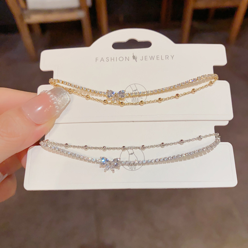 The new summer fashion, light luxury and high-end double-layer full diamond bow bead bracelet is exquisite, versatile and super dazzling