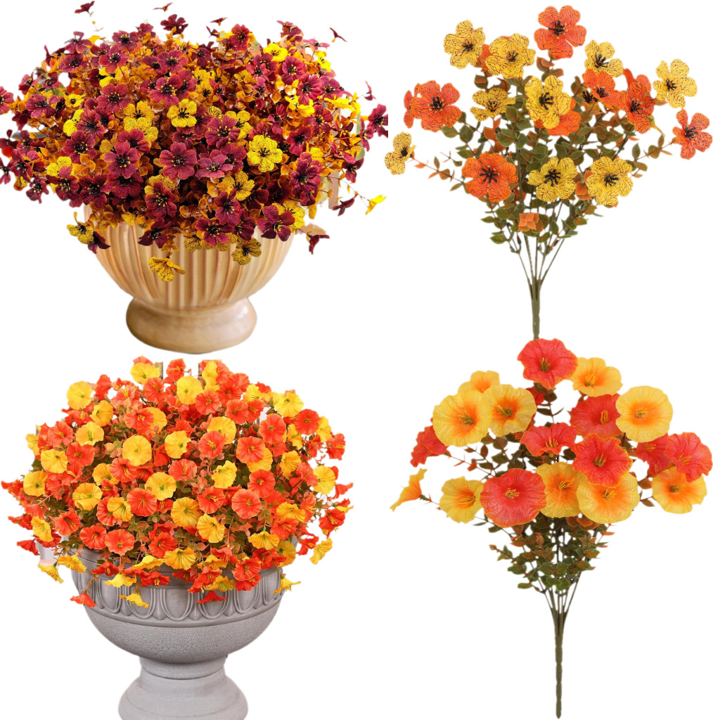 跨境热销秋系仿真花尤加利紫罗兰牵牛花户外庭院园林装饰假花批发