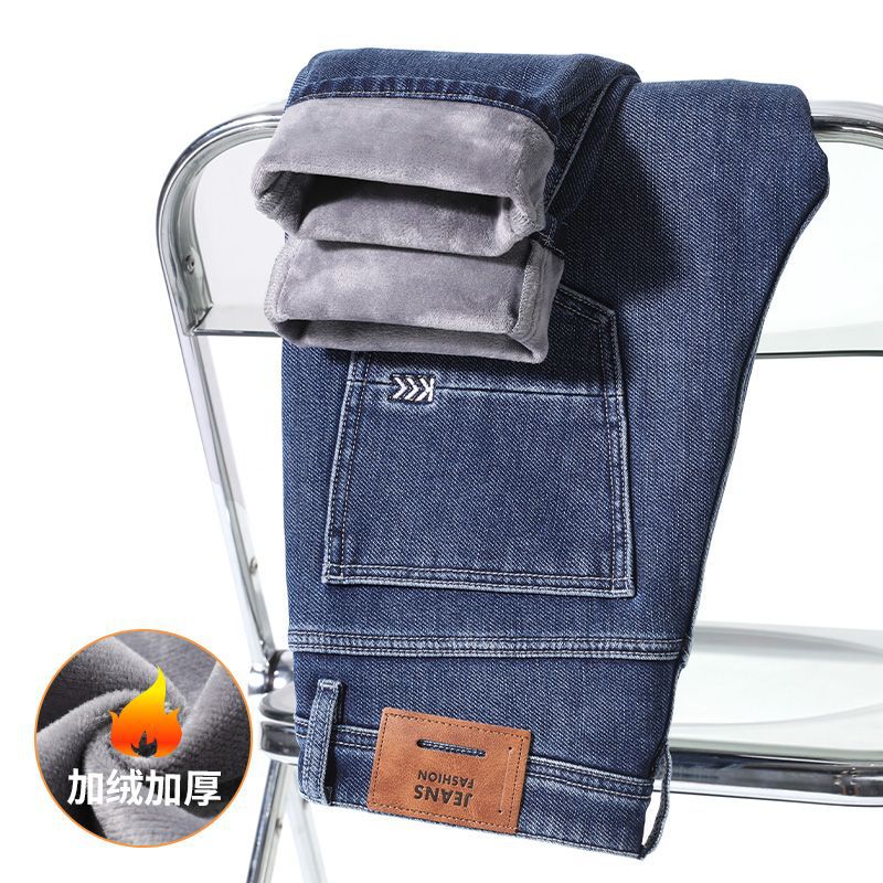 Autumn and winter thickened and fleece jeans for men, autumn straight-leg, fashionable and versatile, slim-fitting, petite stretch denim long pants, thick style details Picture