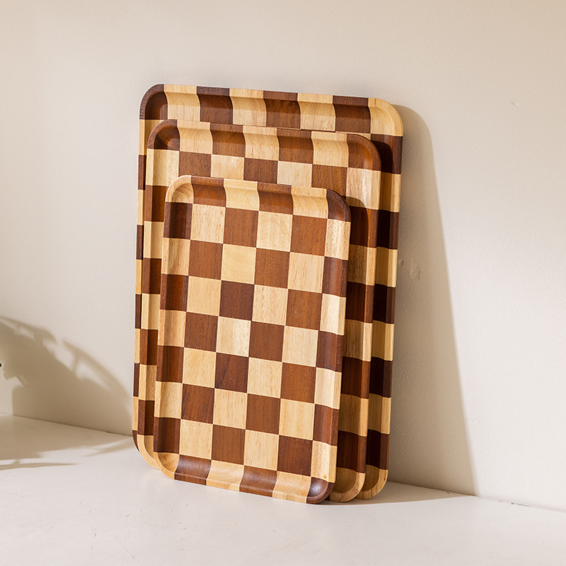 Wholesale of 2025 new checkerboard wooden tray, home light luxury dessert, bread, Western plate, and love wooden tea tray Specification drawing