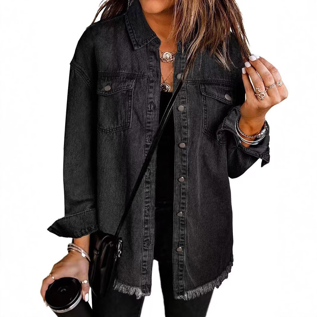 New cross-border washed denim shirt jacket for 2024, a stylish streetwear jacket with a brushed hem for European and American women's autumn and winter Specification image