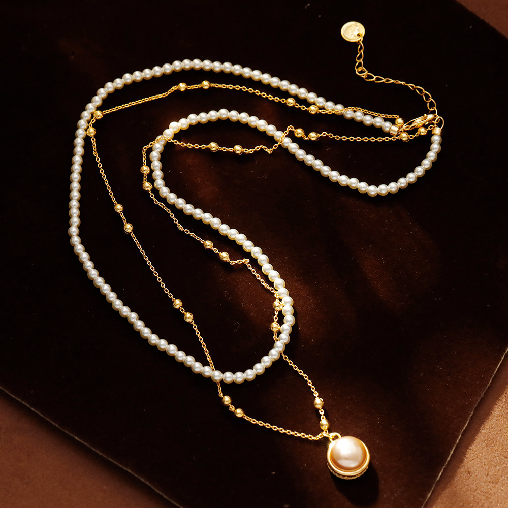 Hyacinth double-layer pearl necklace, fashionable, light luxury, elegant and high-end, women's collarbone chain, 2025 Douyin bestseller, stackable neck chain details Picture