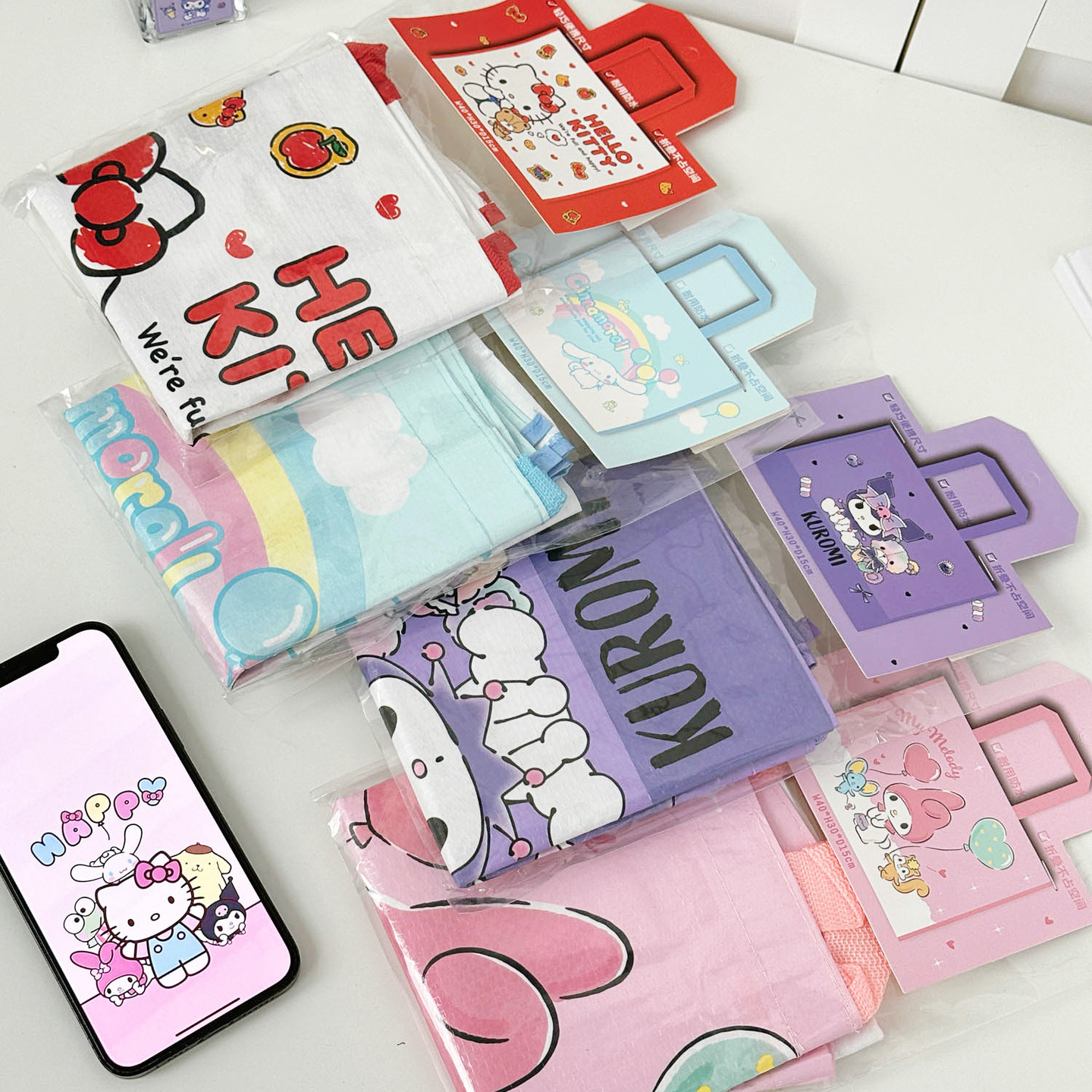 Sanrio genuine Hello Kitty kt woven shopping bag, large capacity storage bag, bento bag, portable hand-held crossbody bag details Picture