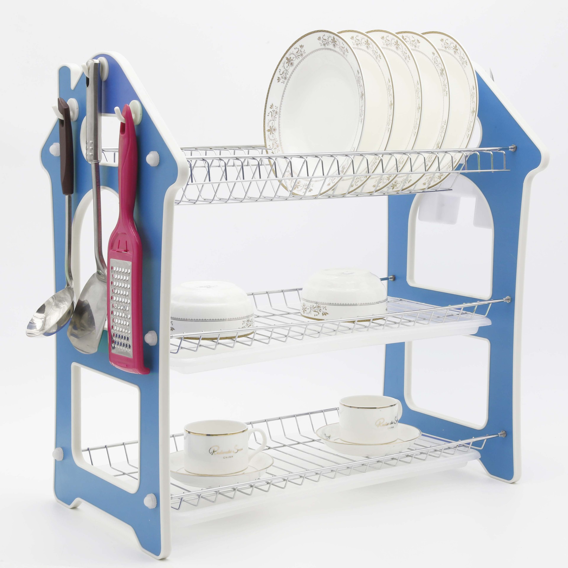 Novel home kitchenware room type: Three-story draining storage rack, dish rack, utensils, sink, draining dishes and bowls details Picture