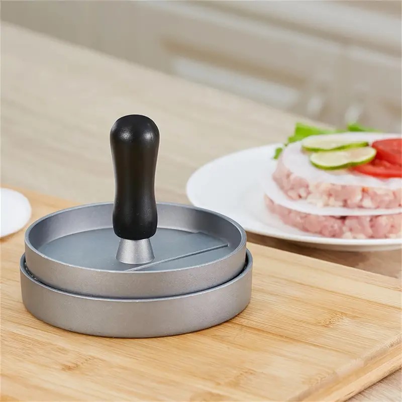 Aluminum wooden-handled hamburger Patty press, Patty press plate, round Patty mold, kitchen hamburger Patty press, cross-border special supply Specification image
