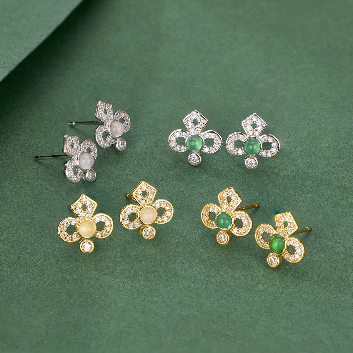 French-style stud earrings, exquisitely set with natural ice chalcedony and high ice green full diamond earrings