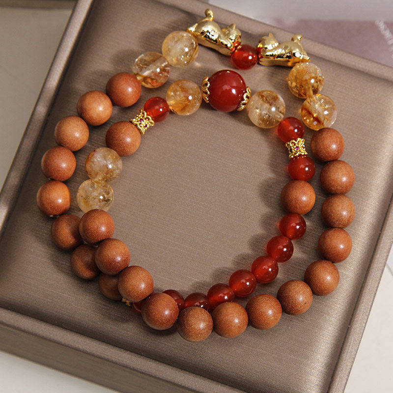 Natural red agate and agarwood double-ring bracelet for women, light luxury, niche and high-end feel, yellow tower crystal wealth attraction cat bracelet Item Picture