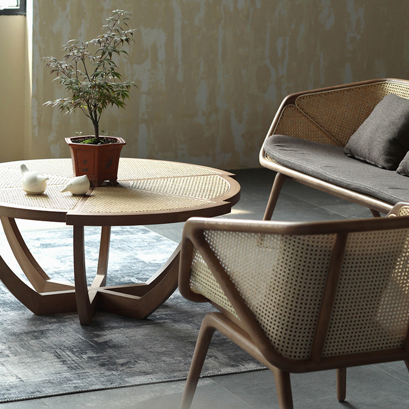 Star Factory wholesals Nordic and Japanese-style rattan sofa sets with a retro living room three-seer sofa and solid wood sofa chairs for hotel lobbies Application Scenario