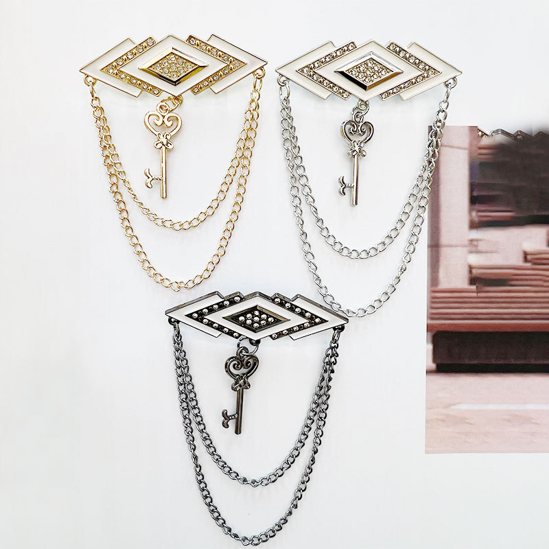 高端韩版钥匙元素合金链条胸针 欧美英伦风轻奢服装配饰滴油别针