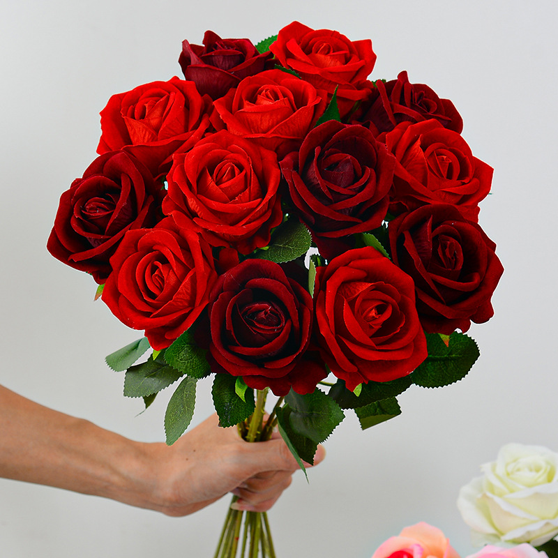 单支手感绒布仿真玫瑰花情人节花束插花家居装饰假花玫瑰瀑布布置