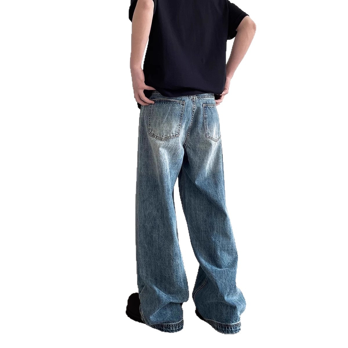 American high street distressed blue jeans for men, a trendy brand for spring and autumn, straight-leg versatile wide-leg long pants Item Picture