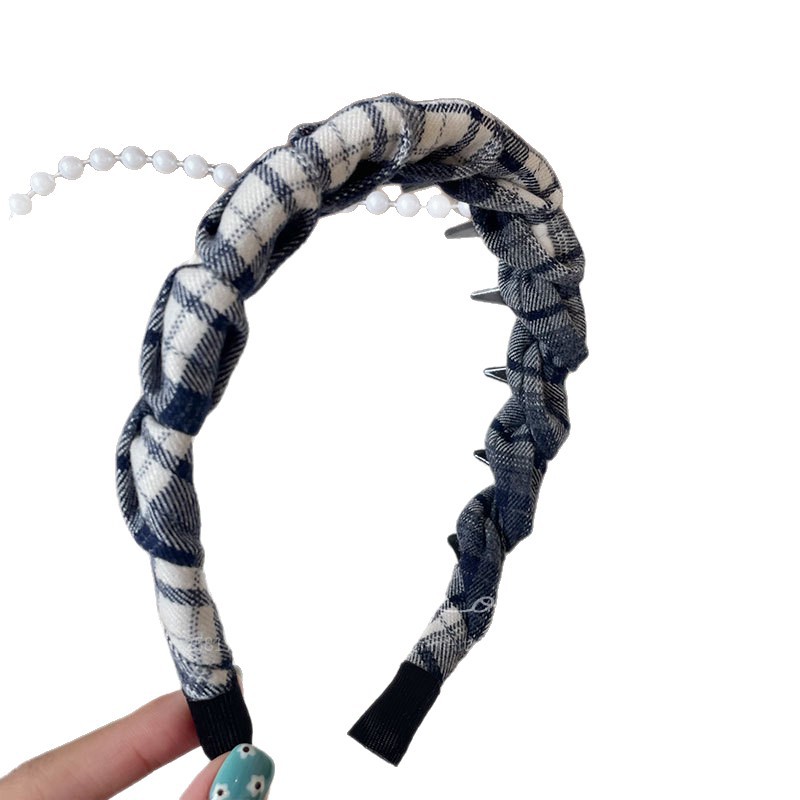 New Korean-style blue checkered large colon hair band, handcrafted bun hair band made of fabric for girls, high head top hair band, women's navy blue checkered solid color hair accessory, hair band bow style, girls' autumn and winter retro daily fashion headwear set Item Picture