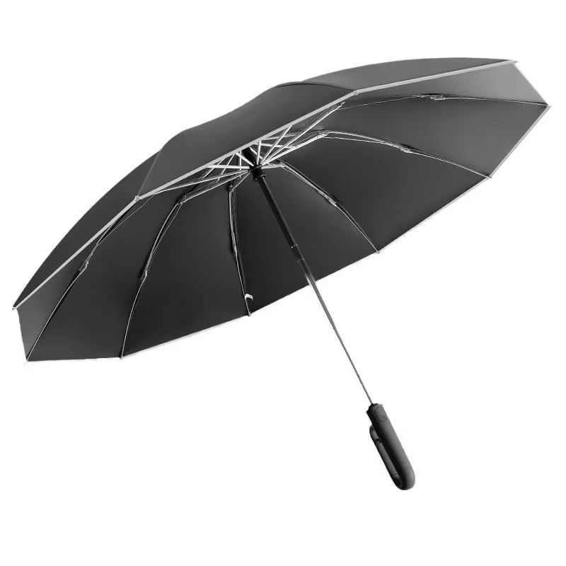 Автоматический складной черный зонтик со светло-коричневой рукояткой, используемой для защиты от ветра и дождя Item Picture