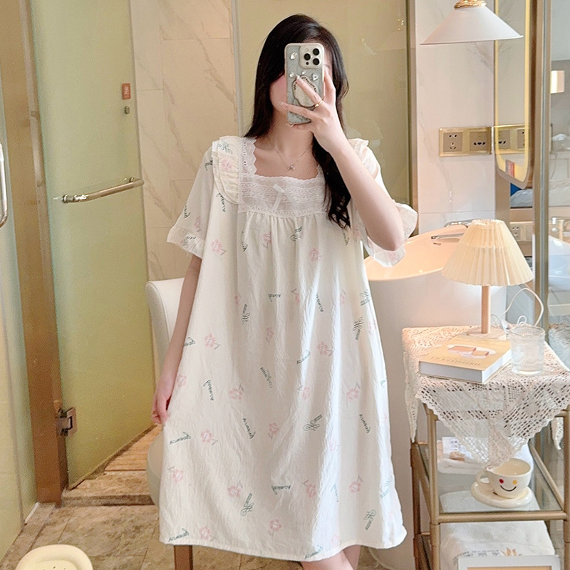 新款棉纱睡裙女生短袖方领云朵棉睡衣裙大码睡衣韩版宽松居家睡裙产品图