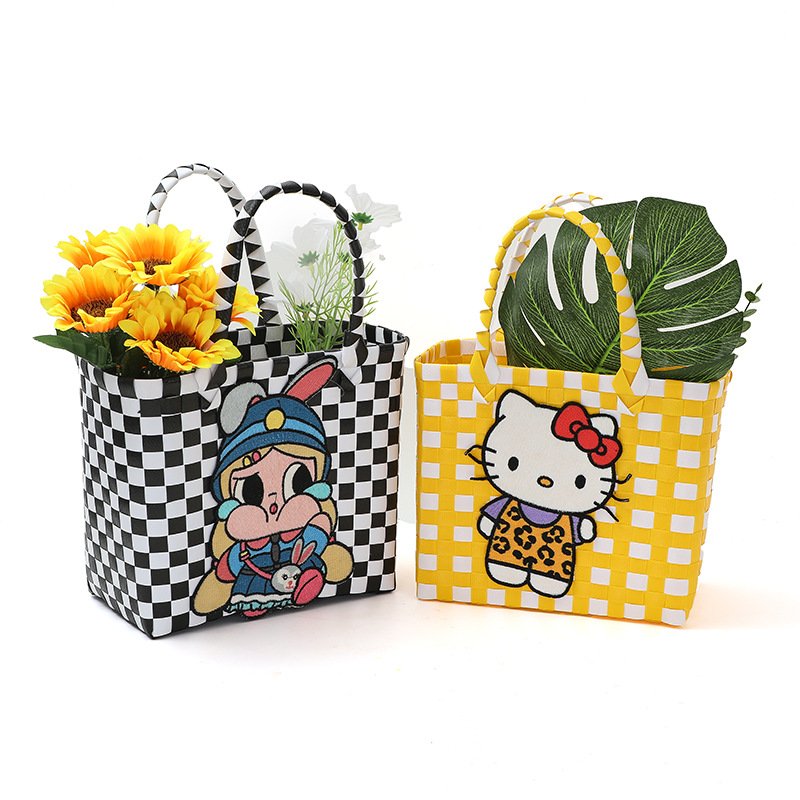 彩色编织手提菜篮子卡通刺绣出行节日婚礼必备手办礼包