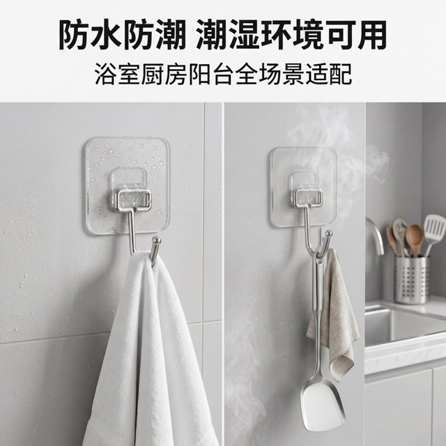 Seamless hook, strong adhesive, bathroom non-drilling, multi-functional mother-and-child buckle, kitchen transparent hat hook, adhesive hook Application Scenario