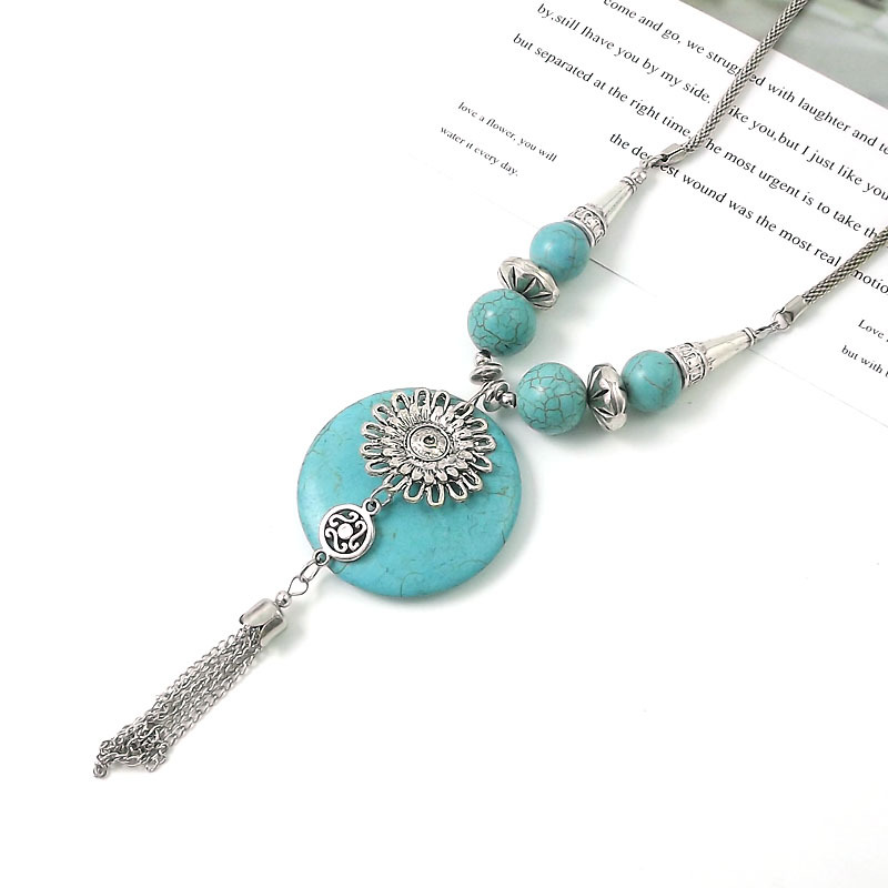 民族风饰品手工复古饰品项链苗银藏银松石长流苏毛衣链