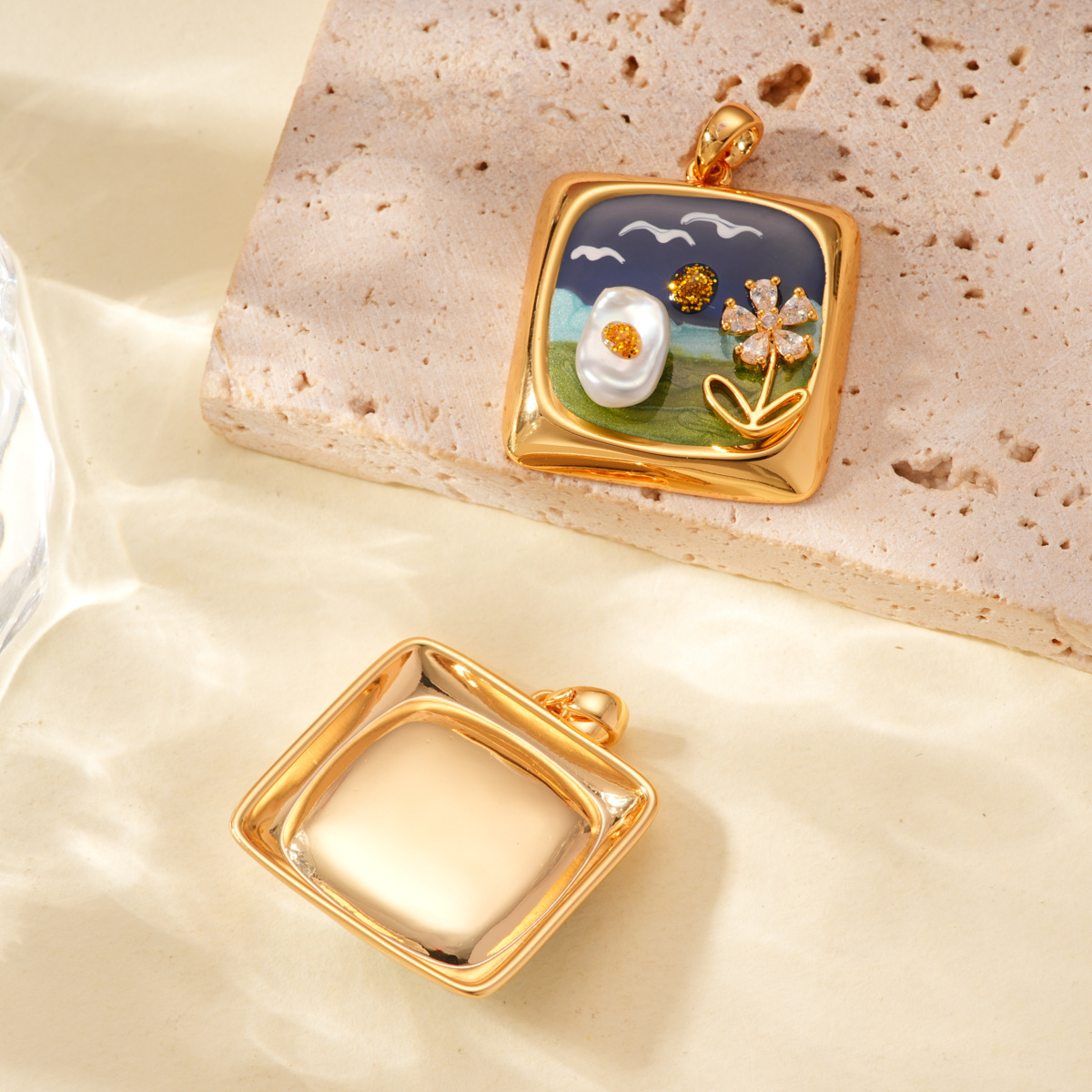 Pearl inlaid oil painting style square pendant, 18k copper gold-plated color retention high-end bracelet, necklace clasp DIY accessory Specification image