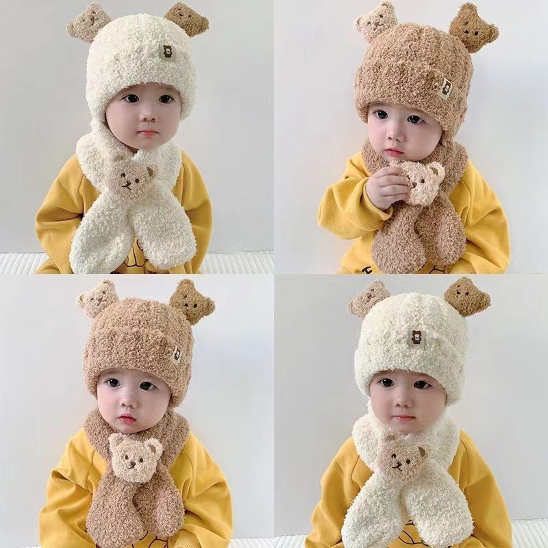 One-piece baby hats, autumn and winter plush scarves, two-piece sets, baby boys and girls, little bears, cute, warm and thick baby hats, wholesale from street stalls details Picture