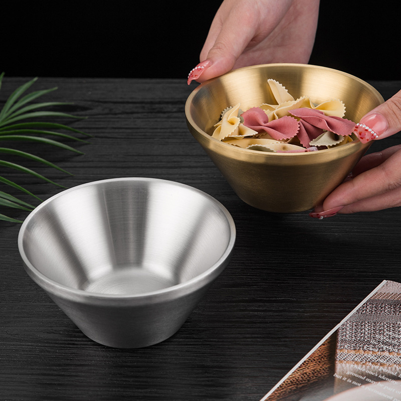 304 stainless steel Korean barbecue V-shaped bamboo hat bowl, double-layer children's rice bowl, golden salad bowl, shaved ramen bowl