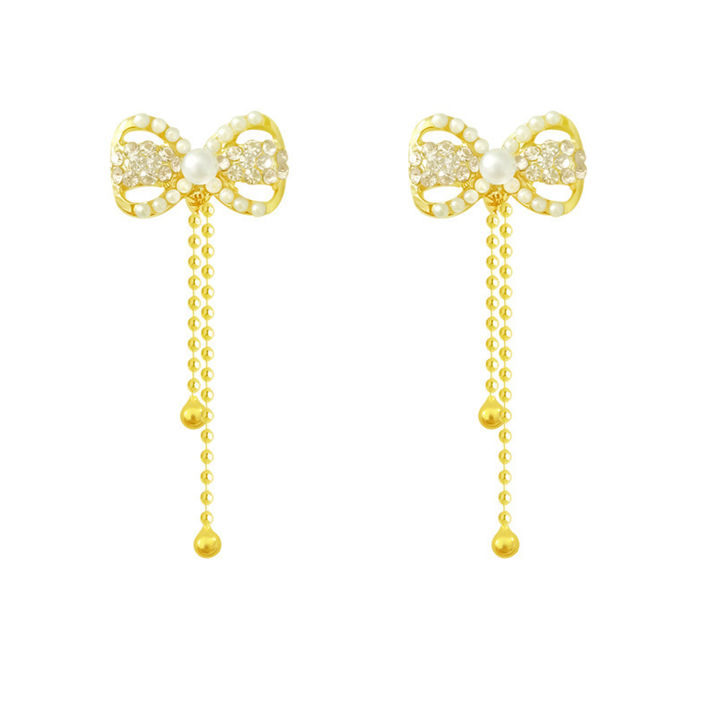 Sweet and gentle bow pearl tassel stud earrings for women to look slimmer, long and exquisite elegant earrings, light luxury and high-end ear strings Item Picture