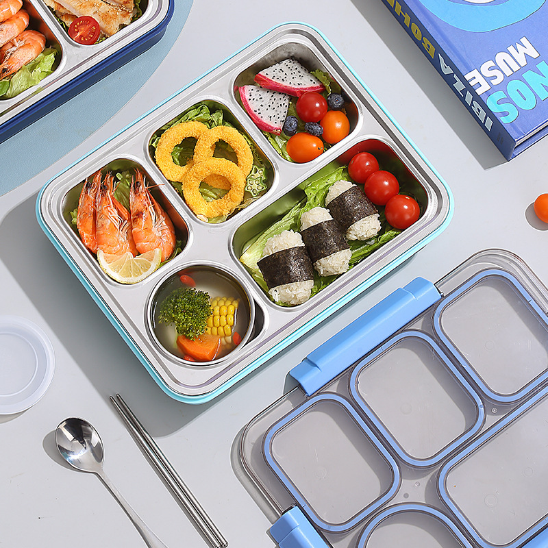 A stainless steel insulated lunch box with multiple compartments for students to bring their own meals. It is a specially designed lunch box with independent compartments and sealed to prevent odors from crossing Application Scenario