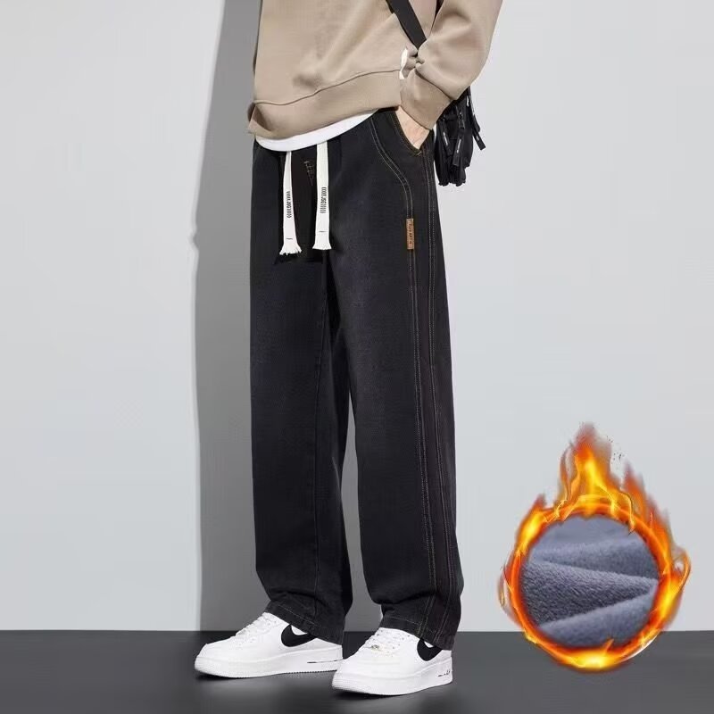 Autumn and winter fleece youth jeans, men's wide-leg straight-leg jeans, retro new style American loose men's pants Application Scenario