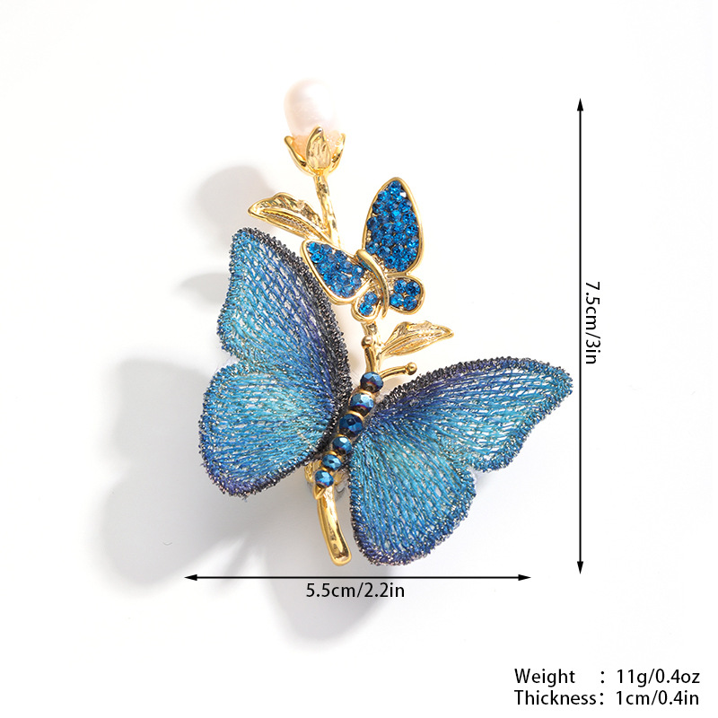 Nasha embroidered fabric blue butterfly brooch, freshwater pearl fashionable and personalized clothing brooch, accessory brooch Item Picture