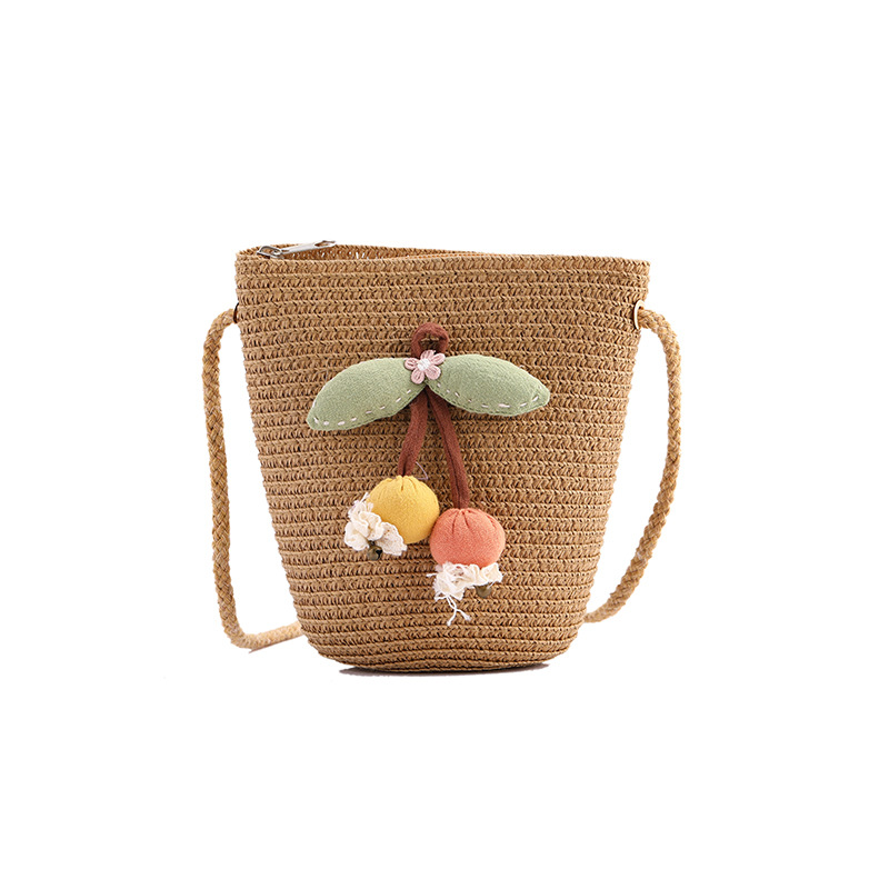 Summer seaside children's bags woven with cute cherries and skirts, vacation straw woven bags, girls' mobile phones, crossbody small bags Item Picture