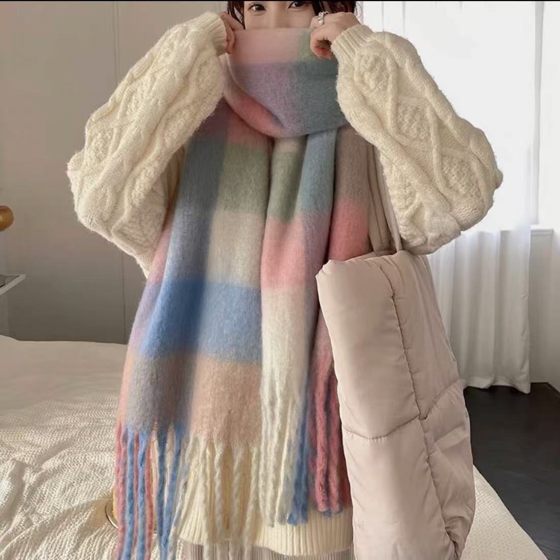 新款直播爆款甜美百搭粉色格子软糯学生格子围巾冬季保暖流苏披肩细节图