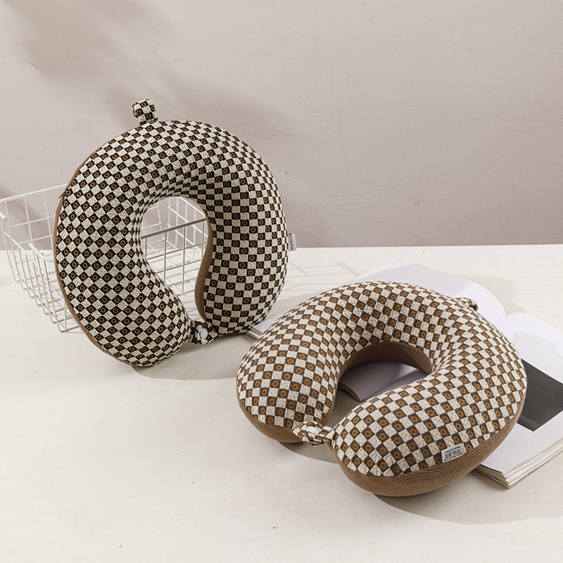 记忆棉u型枕芯脖子午睡枕头旅行枕提花小方格logo慢回弹U形颈枕产品图