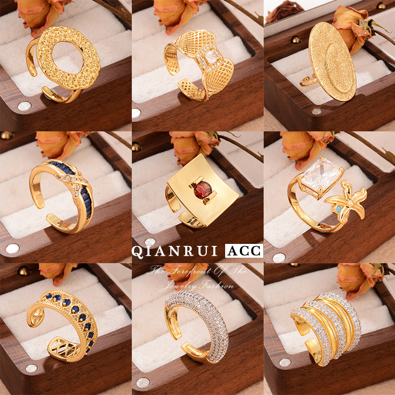 Simple and fashionable metallic style, irregular geometric pattern open ring set with zircon, versatile and fashionable texture hollowed-out jewelry