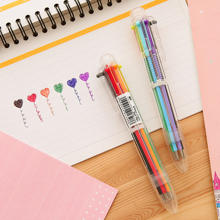 Wholesale of colorful and cute plastic creative transparent six-color ballpoint pens, multi-color pens, all-in-one gel pens details Picture
